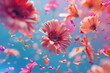 Abstract explosion of many colorful flowers and petals on a uniform background.