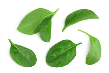 Wall Mural - Baby spinach leaves isolated on white background. Top view. Flat lay