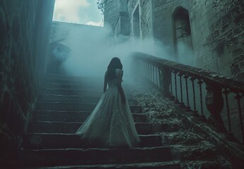 Wall Mural - a woman in a long dress standing on a set of stairs in a foggy area