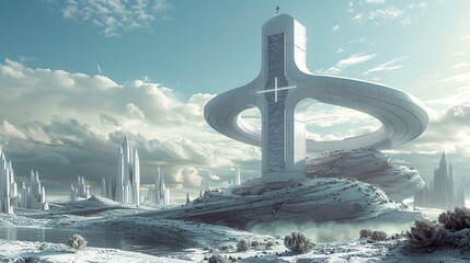 Wall Mural - a futuristic city with a huge white structure in the middle of it's landscape