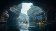 A group of people are floating in a canoe on a lake with blue clear water among caves and gorges
