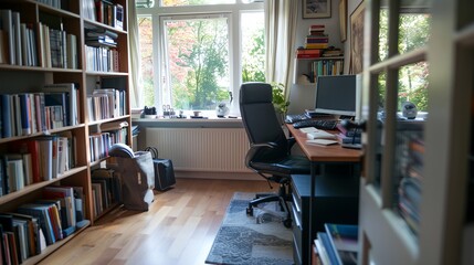 Wall Mural - a room with a desk, bookshelf, and a window with a view of the woods outside