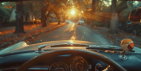 Wall Mural - a car driving down a street at sunset