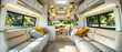 Modern Camper Van Interior Designed for Comfort and Adventure, Featuring Wood Accents and Spacious Living Area