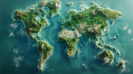 3D World map of the Earth with exaggerated topographic relief