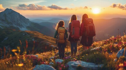 Wall Mural - Three people with backpacks standing on a mountain top, AI