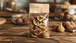 Product Design, Organic dried figs packaging mockup on a wooden backdrop.