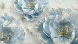 Fototapeta Kwiaty - 3D blue peony flowers with white background, light gold and dark beige style, elegant flower design, closeup of large petals, ultrahigh definition images