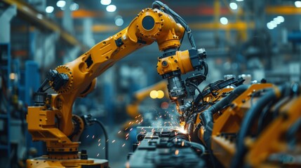 Poster - A robot welding a piece of metal in an industrial setting, AI