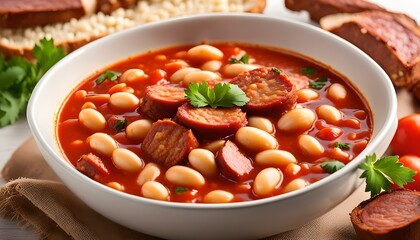 Wall Mural - Stewed white beans with smoked sausage and tomato sauce. Bean soup. isolated on white background
