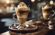 Italian affogato, espresso poured over vanilla gelato, clear glass, coffee shop background