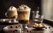 Italian affogato, espresso poured over vanilla gelato, clear glass, coffee shop background