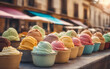 Italian gelato, assorted flavors, pastel colors, bright sunny Italian streets background