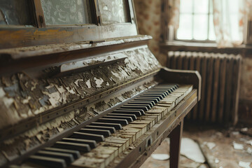 Vintage piano with peeling paint in an abandoned building, showcasing a sense of nostalgia and decay, with natural light coming through a window.