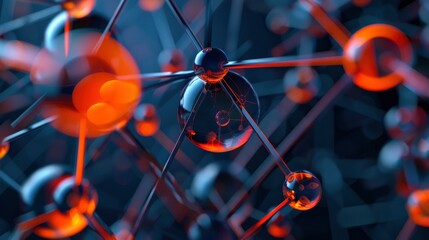 3D rendering of a closeup view of an abstract depiction of the structure and molecules in carbon, incorporating shades of red to symbolize their connection with orange energy