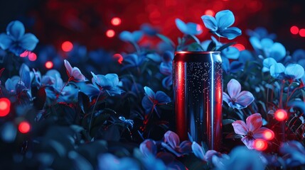 Wall Mural - A can of energy drink on top of blue flowers, in a dark atmosphere lit by red lights, for product photography in an advertising campaign, with high resolution and highly detailed