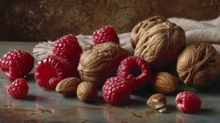 Wall Mural - A bunch of nuts and berries on a table with cloth, AI