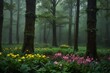 A lush, green forest in the midst of a spring rain with droplets clinging to the leaves and flowers blooming in vibrant colors
