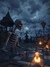 A Skeleton At A Chessboard, With Glowing Pieces Under A Dark Sky