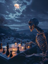 A Skeleton At A Chessboard, With Glowing Pieces Under A Dark Sky