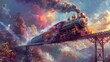A colorful steam train with an ornate front car is flying through the sky, crossing over a bridge in a dramatic fantasy art style with a cartoon realism effect, in a colorful landscape background