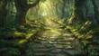 Realistic photo of a cobblestone path meandering into a green forest, mossy backdrop, dappled light, 