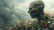 Dreamy digital artwork presenting a surreal scene of flowers and broken human sculptures, symbolizing resilience, transformation, and the power of hope.