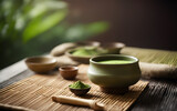 Fototapeta Las - Japanese matcha tea, whisked, frothy, traditional tea bowl, bamboo mat, Zen setting