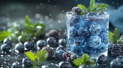 Poster - A glass of blueberries and mint are in a cup, AI