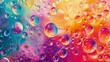 A vibrant rainbow-colored background with oil droplets, each containing different colors and shapes of liquid inside them. The droplets create an abstract pattern that adds energy to the composition