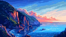 Blue Ocean And Rocky Coastline At Sunset With Vibrant Sky In Pixel Art Style