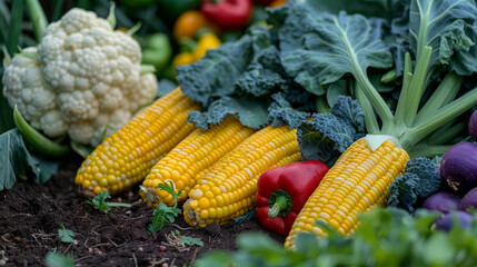 Fresh corn and cauliflower nestled among green leaves on the soil,ai generated