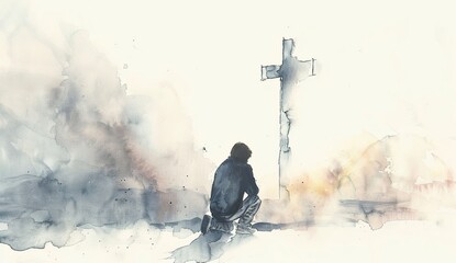 Kneeling man in misty watercolor prays before cross in devotion