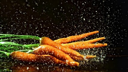 Wall Mural - Super slow motion fresh carrots fall on the table. High quality FullHD footage