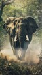 Dynamic scene of an elephant charging through the brush, trunk and tusks moving powerfully, emphasizing the animals massive form and unstoppable force low noise