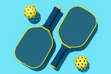 Fototapeta Dmuchawce - Pickleball sport equipments. Top view of rackets and balls on blue court. 3d illustration, rendering. Background for sport postcard, flyer, poster.