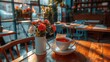 A cup of tea with a warm, inviting ambiance, set in a café surrounded by vibrant blooming flowers.