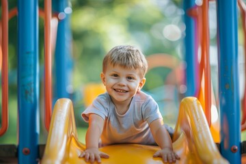 Happy Little boy playing on a slide on playground in summer