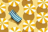 Fototapeta Dmuchawce - Top view of orange umbrellas with one blue beach chair on sandy color background. Summer vacation concept. 3d rendering, illustration.