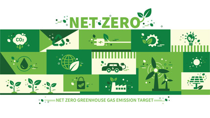 Wall Mural - Net zero and carbon neutral concept. Net zero greenhouse gas emissions target. Climate neutral long term strategy with green net zero icons. Environment web banner with green city vector template.