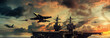 panoramic view of a military aircraft carrier in flight with fighter jets	