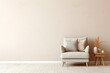 Picture the simplicity of a single beige and Scandinavian sofa positioned beside a white blank empty frame for copy text, against a soft color wall background.