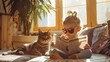 Child reading with cat in sunlight. Cozy home lifestyle scene.