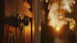 An inviting scene of keys in a door lock with warm sunlight filtering through at sunset