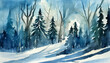 Winter watercolor landscape painting, blue colored forest