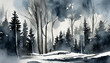 Winter watercolor landscape monochromatic painting, dark forest