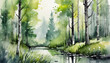 Spring watercolor landscape painting, river going through green forest