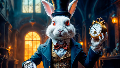 Wall Mural - White crazy rabbit with a pocket watch from the fairy tale Alice in Wonderland