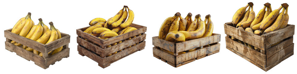 Wall Mural - Wooden Box Full Of Bananas Hyperrealistic Highly Detailed Isolated On Transparent Background Png