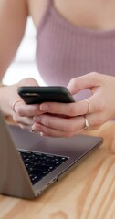 Canvas Print - Phone, typing and hands of woman with laptop online for text message, chatting and communication. Remote work, student and person on smartphone for social media, networking and website with computer